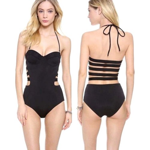 Black Stripes Back One Piece Swimming Suit